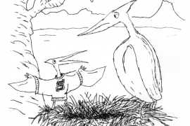 A cartoon showing a baby pterodactyl showing its Swarthmore sweater to its parent.